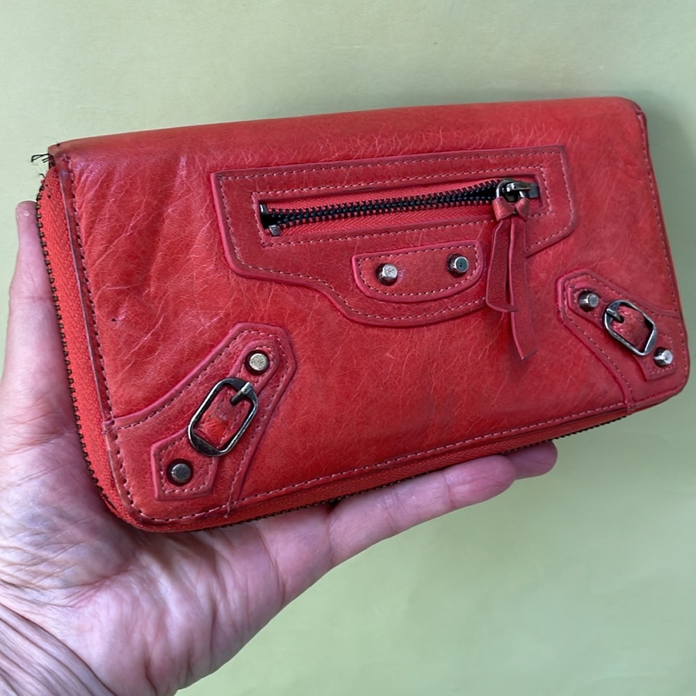Vintage reddish orange distressed leather wallet
